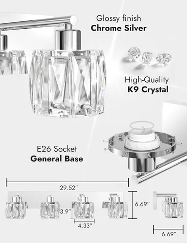 Miniatura 5 de VOLISUN Luces de tocador de cristal – 4 luces modernas de acero inoxidable para baño sobre espejo, acabado cromado – Certificado UL