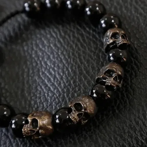 Miniatura 4 de Pulsera de cuentas de ónix del ejército de calavera, pulseras de ansiedad para hombre, pulsera ajustable de ónix de calavera para aliviar el estrés