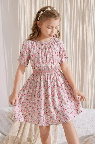 Miniatura 5 de Vestido floral con cintura fruncida para niñas, ropa de juego para la iglesia, vacaciones, vestido midi suave con bolsillos