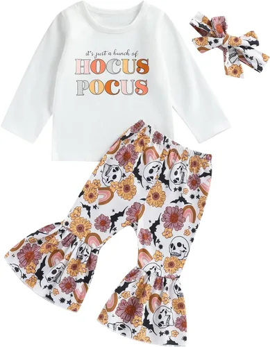 Hnyenmcko Conjunto de ropa de Halloween para bebé niña, camiseta de manga larga con letras y pantalones de campana de calabaza con diadema, 3