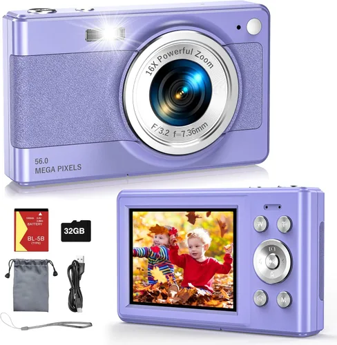 Miniatura 8 de Nueva cámara digital 2025, 56MP FHD 1080P para niños con zoom digital de 16x, antivibración, detección facial, captura de sonrisas, tarjeta TF de 32