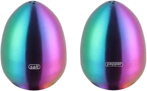 Rainbow - Juego de salero y pimentero en forma de huevo de acero inoxidable, dispensador de sal y pimienta, 2 saleros para cocina (arcoíris)