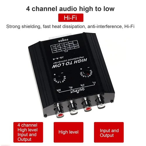 Miniatura 3 de Convertidor de audio, convertidor de impedancia de audio de 12 V, 4 anales, línea alta a baja, frecuencia de altavoz de radio estéreo