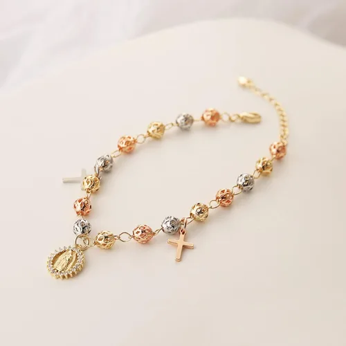 Miniatura 3 de HZMAN Pulsera de cruz con cuentas de rosario virgen de Guadalupe ajustable para mujer, regalo de joyería