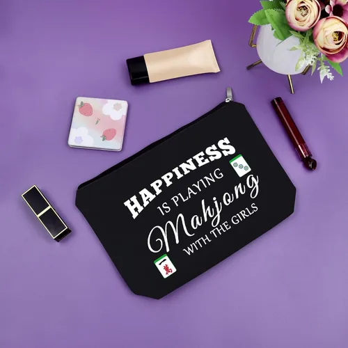 Miniatura 7 de Sazuwu Mahjong - Bolsa de maquillaje negra para regalo con temática de Mahjong, regalo para amantes de Mahjong, bolsa de cosméticos, regalos