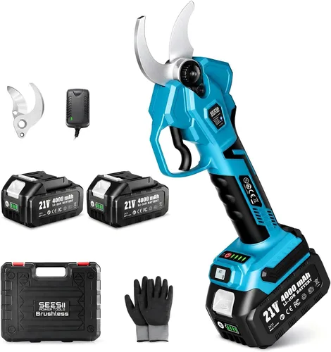 SEESII Tijeras de podar eléctricas inalámbricas: podadora de potencia de diámetro de corte de 1.6 pulgadas - 2 baterías de 4.0 Ah, motor sin