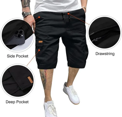 Miniatura 7 de JMIERR Pantalones cortos de sarga para hombre con cordón de algodón clásico elástico con 6 bolsillos