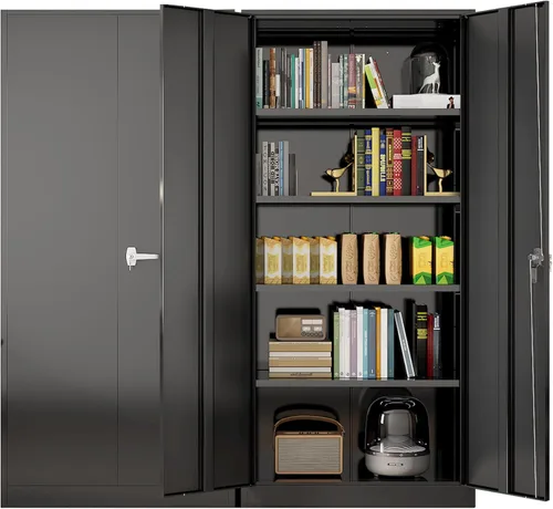 Greenvelly Armario de almacenamiento de metal para garaje con puertas y estantes ajustables, gabinete de archivo de acero negro con cerradura de 72