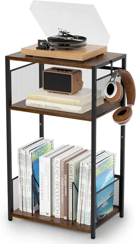 Miniatura 9 de Aduanbang Mesa auxiliar de 3 niveles, soporte para tocadiscos con almacenamiento de hasta 100 álbumes, soporte giratorio para vinilo, estante
