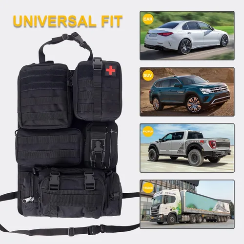 Miniatura 6 de Organizador táctico universal para respaldo de asiento, panel Molle para vehículo, bolsa de almacenamiento con 5 bolsas Molle desmontables