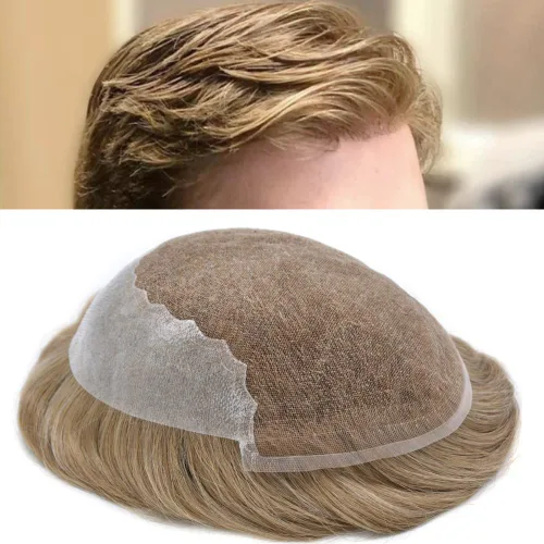 Miniatura 10 de Toupee para hombres, sistema de reemplazo de cabello humano Remy, nudos blanqueados, encaje frontal, piel fina, para hombre, color gris, pelucas