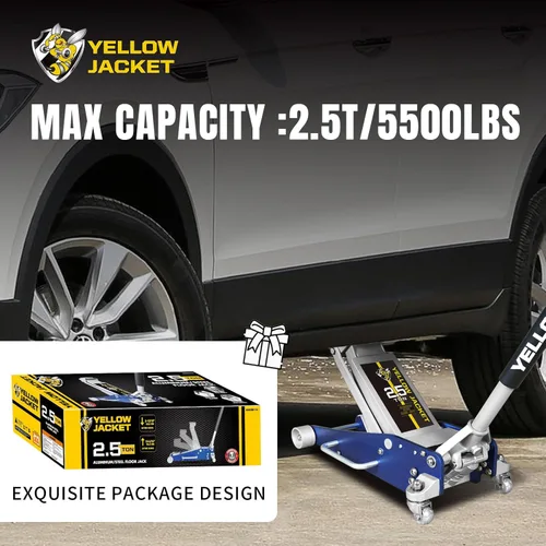 Miniatura 7 de YELLOW JACKET Gato hidráulico de perfil bajo de 2.5 toneladas de aluminio y acero para autos de carreras con bomba de elevación rápida doble, Azul