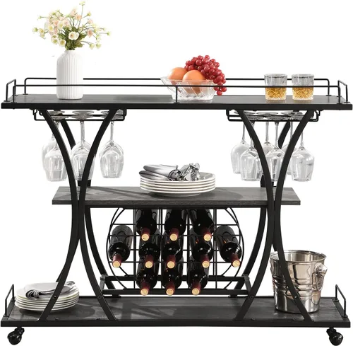 KIVENJAJA Carrito de bar industrial, carrito de servicio rodante con estantes para vino y soporte para vidrio, estante de 3 niveles de licor de
