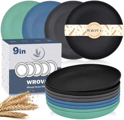Miniatura 25 de Wrova Platos de paja de trigo – Juego de 8 platos llanos irrompibles de 8 pulgadas – Platos de plástico aptos para lavavajillas y microondas