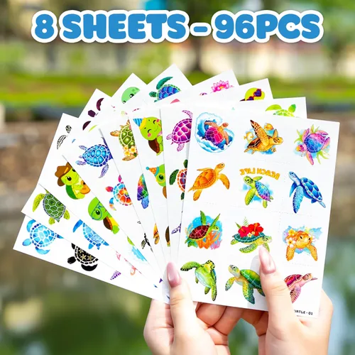 Miniatura 8 de 96 tatuajes temporales precortados de tortuga para niños Recuerdos de fiesta de cumpleaños temáticos súper lindos, suministros, decoraciones