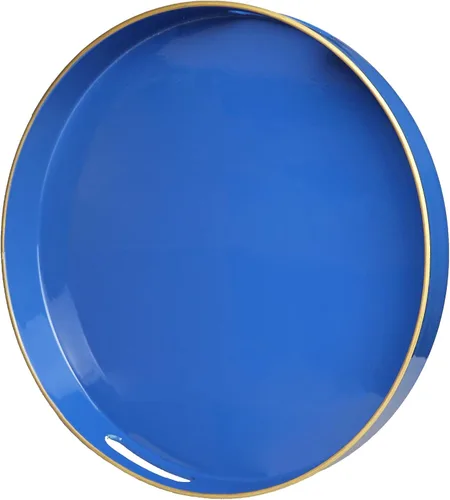 Miniatura 7 de Bandeja decorativa redonda azul con asas, bandeja de servir elegante de 13" para mesa de café, estilo otomano para sala de estar, baño, exteriores
