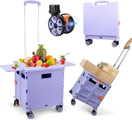 Miniatura 41 de FELICON SELORSS Carro de Utilidad Plegable Carro de Mano Plegable con Mango Telescópico de Plástico Resistente Cesta Plegable de 4 Ruedas Giratorias