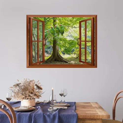 Miniatura 3 de wall26 Adhesivo decorativo para pared, loros verdes sentados en la rama afuera, ventana abierta, no se pega ni se pega, papel tapiz no tejido