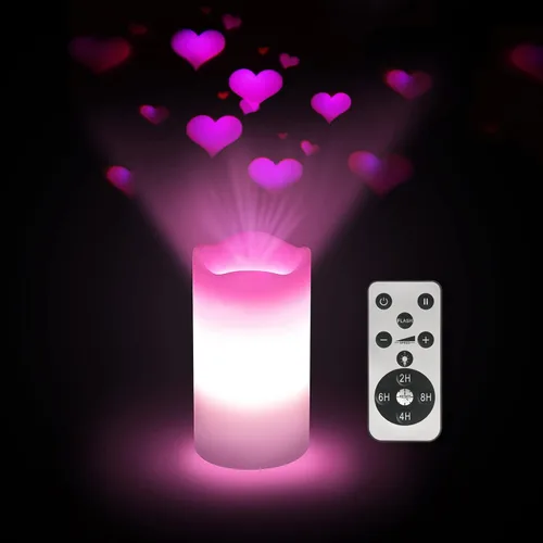 XingsLight Velas sin llama para decoración del día de San Valentín con románticas luces de proyector de corazón rosa, funciona con pilas, vela LED