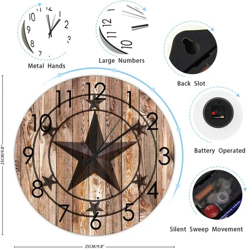 Miniatura 2 de Reloj de pared redondo rústico con estrella de Texas, funciona con pilas, sin tictac, silencioso para colgar en la pared, reloj de madera, vintage