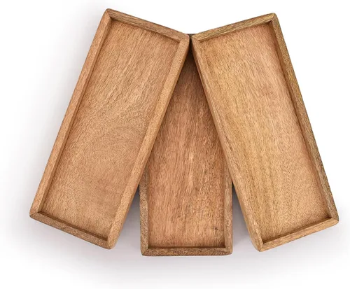 Miniatura 2 de Samhita Plato de madera de mango con borde elevado, juego de 3 para exhibir aperitivos de frutas, aperitivos, sushi, alimentos decorativos