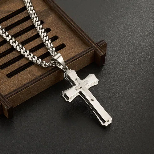 Miniatura 5 de WW Lifetime - Collar de cruz para hombres y niños, collar con colgante de cruz doble de acero inoxidable con cadena de eslabones cubanos de 24