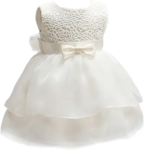 BabyCheer Vestido de bautizo para niñas y bebés, falda de encaje con volantes, vestido de bendición, vestido de flores sin mangas, Marfil