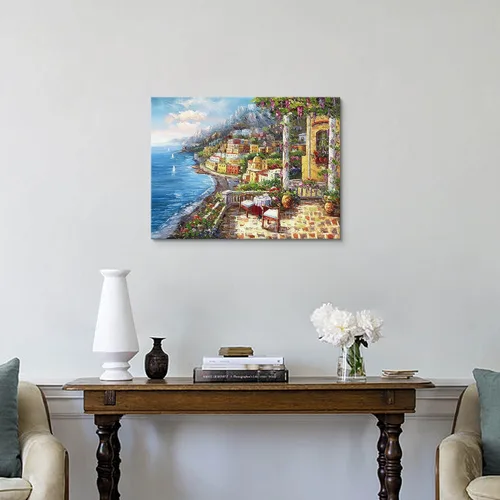 Miniatura 5 de Pintura de Italia lienzo al óleo arte de la pared: arte mediterráneo de paisaje urbano italiano, imagen de mar italiano, decoración moderna