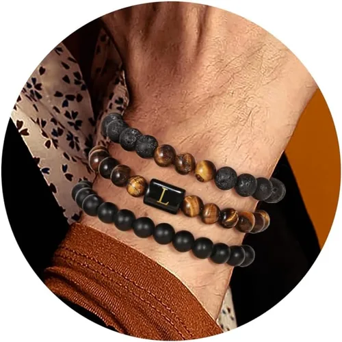 Pulseras de cuentas con iniciales para hombres, regalos de 0.315 in, ojo de tigre, piedra de lava y roca de lava, pulseras de cuentas iniciales para