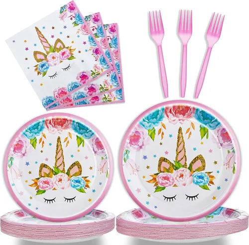 96 piezas de platos, servilletas y tenedores desechables para fiesta de cumpleaños con tema de caballo cornudo, juego de vajilla para decoración de