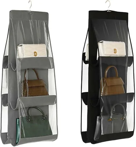 Paquete de 2 organizadores para colgar bolsos, tela no tejida gruesa + bolsillos de PVC, organizador para colgar bolsos, organizador de Negro+Gris
