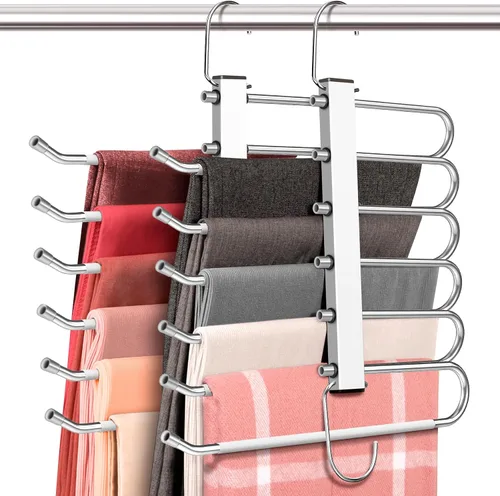 Paquete de 6 perchas para pantalones de 6 niveles que ahorran espacio, paquete de 2 unidades negras y 4 unidades blancas, estante multifuncional