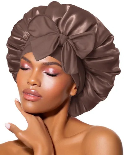 Miniatura 26 de Gorro de satén de seda para dormir con banda ancha para cabello rizado, color rosado oro rosa claro