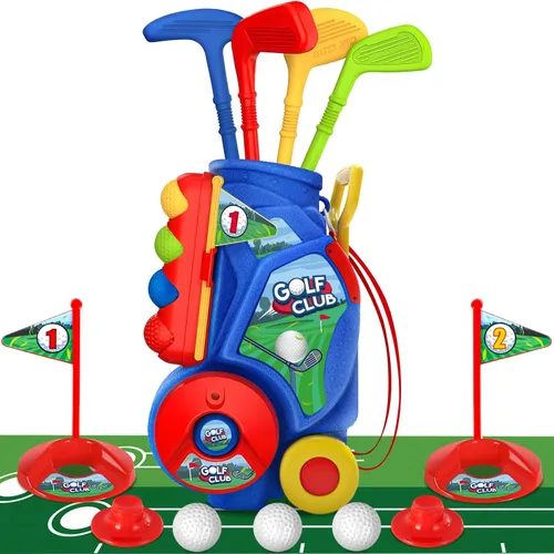 Miniatura 10 de SUPER JOY Juego de golf para niños pequeños, carrito de golf para niños con 4 palos y 8 pelotas, palos de golf para interiores y exteriores, palos