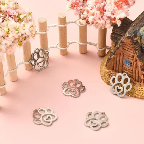Miniatura 4 de Ipotkitt 10 dijes de huella de acero inoxidable 304 para mascotas, perros, gatos, huellas de corazón, para manualidades, joyas, collares