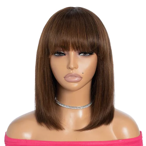 Miniatura 9 de Rebecca Fashion Peluca de cabello humano castaño con flequillo de 10 pulgadas, pelucas de cabello humano lacio Yaki claro para mujeres negras, sin
