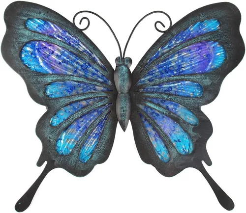 Miniatura 11 de HONGLAND Decoración de pared de mariposa de metal, escultura de arte para interiores y exteriores, decoración de cristal colgante azul