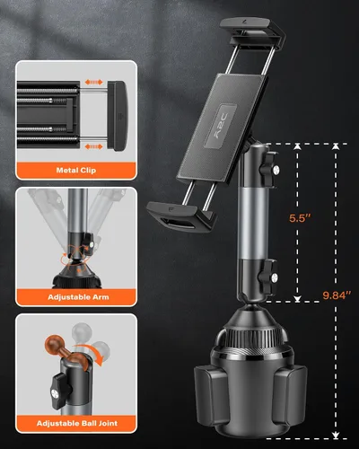 Miniatura 4 de A2C Soporte de iPad resistente para portavasos de automóvil, brazo de aleación de aluminio estable y ajustable de 5.5 pulgadas, soporte de tableta