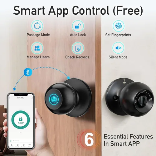 Miniatura 6 de Cerradura de puerta de huella dactilar, perilla de puerta inteligente con cerradura, cerradura de puerta biométrica con control por aplicación