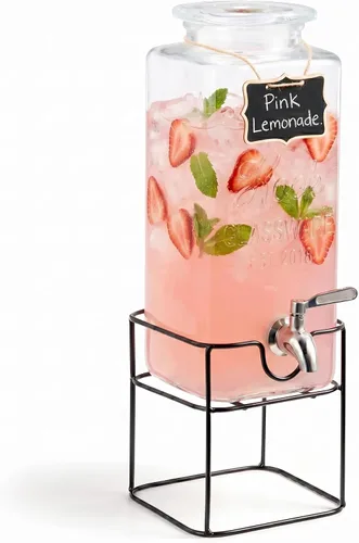 Kook Glass Drink Dispenser, with Stand, 1 Gallon, Serves 15 Cups, Leak-Proof Stainless Steel Spigot, Beverage Storage for Fridge, for Water, Iced