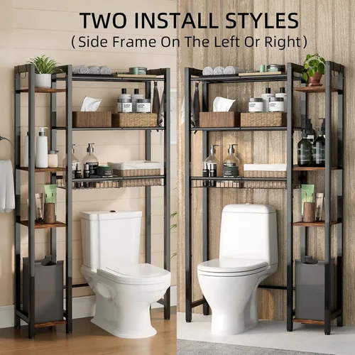 Miniatura 5 de Almacenamiento sobre el inodoro con estante lateral, organizador de baño de 7 niveles con estante ajustable y cesta de drenaje y 4 ganchos, ahorro