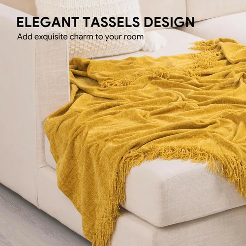 Miniatura 2 de RECYCO Manta Suave y Acogedora de Chenilla con Flecos de Borlas para Sofá, Sillón, Cama, Sala de Estar, Regalo (Amarillo Mostaza, 50'' x 60'')