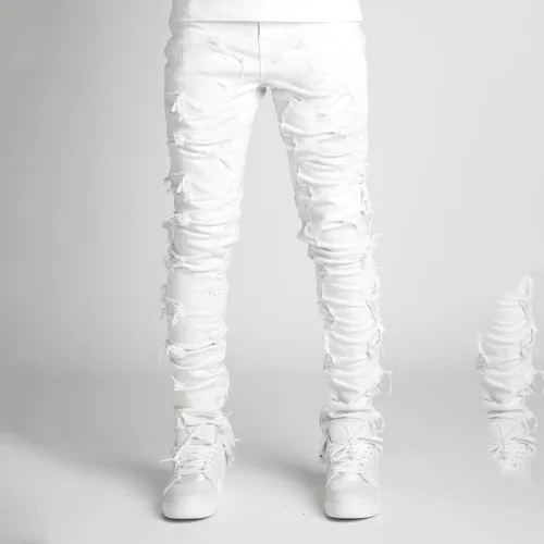 Miniatura 3 de Mxiqqpltky Jeans apilados para hombre, ajustados, rectos, negros, rasgados, ajustados, desgastados, pantalones de mezclilla destruidos, ropa de calle