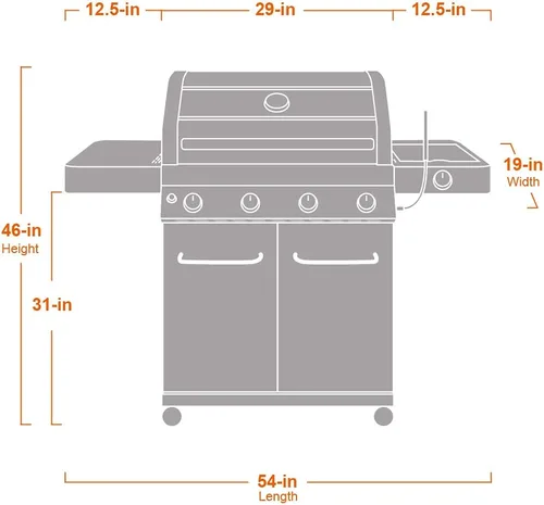 Monument Grills Parrilla de gas propano de 4 quemadores más grande con gabinete de esmalte porcelánico negro, controles LED, tapa con vista clara,