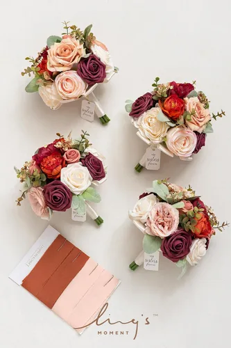 Miniatura 5 de Ling's moment Flores Artificiales Ramo de Damas de Honor Naranja Quemado Juego de 4, Ramos de Flores de Boda para Damas de Honor, Ramos Nupciales