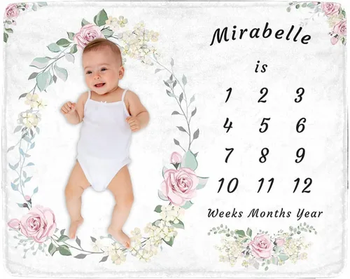 Miniatura 17 de Manta de hito para bebé personalizada con nombre, manta personalizada de flores en forma de mariposa con tabla de crecimiento calendario, manta