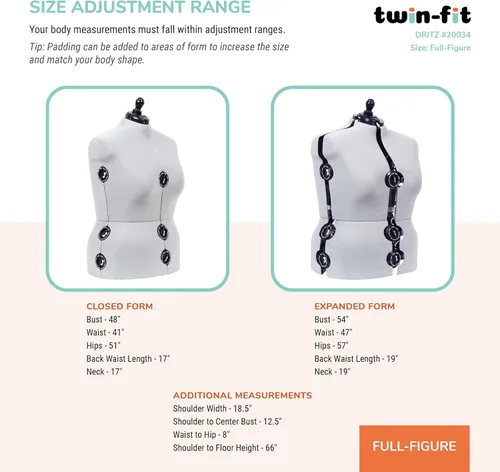 Miniatura 3 de Dritz Forma de vestido ajustable de doble ajuste, tallas completas de EE. UU. 20-24, maniquí de ropa femenina para coser, ajustar y drapear, maniquí