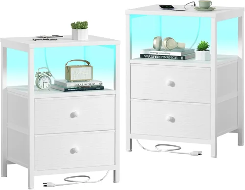 Miniatura 14 de BOLUO Cómoda alta con cajones, mesita de noche blanca con estación de carga y luz LED, cómoda pequeña de 4 cajones en blanco para dormitorio