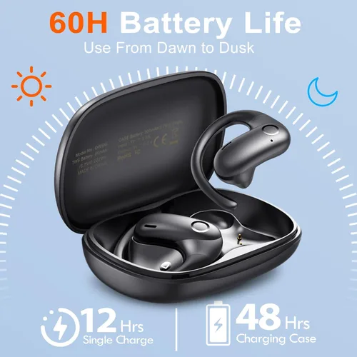 Miniatura 3 de kurdene Auriculares inalámbricos Bluetooth 5.4, auriculares abiertos con sonido de graves profundos, auriculares de 60 horas de reproducción, ajuste