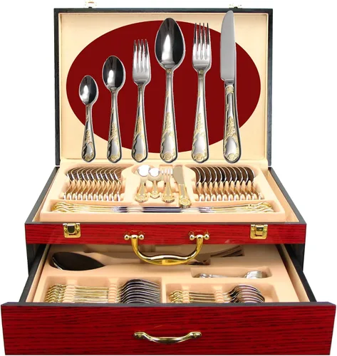 Miniatura 15 de Juego de cubiertos de lujo de 75 piezas para 12 con estuche de almacenamiento de madera, servicio de cubiertos de comedor de alta calidad, cubiertos